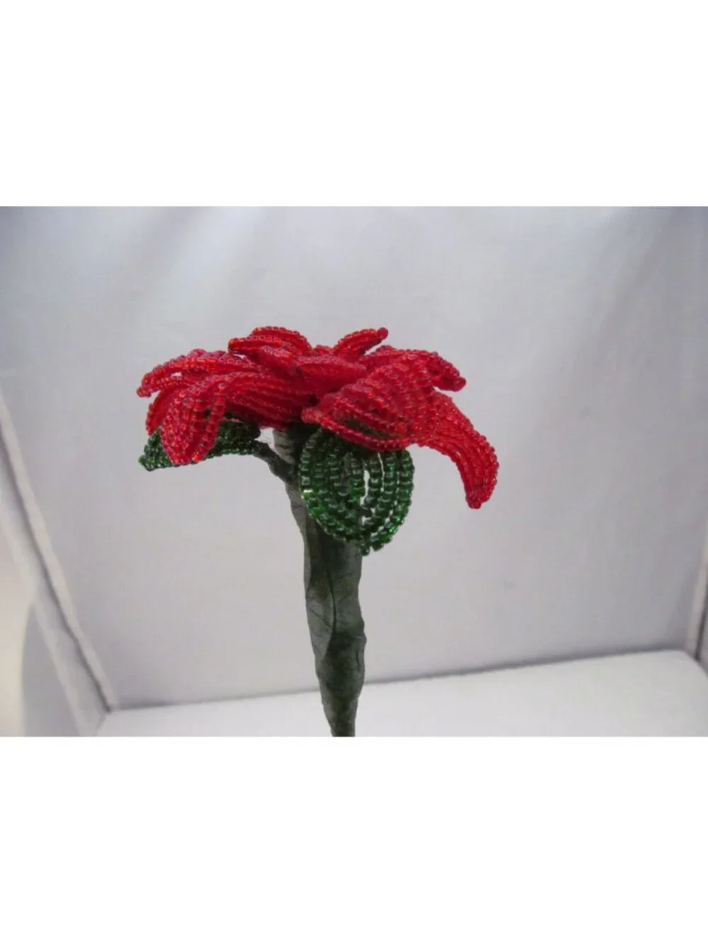 Handcrafted Red & Green French Beaded Flower with Stem Home Decor Gift 11 inch